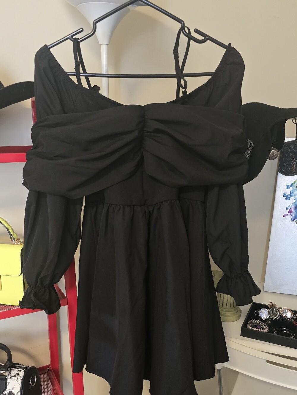 Goth Metal Rock & Roll Off-the-Shoulder Long Sleeve mini Dress | Ruffled Sleeves
